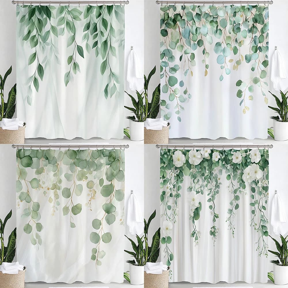 1 tenda da doccia in poliestere con stampa di foglie verdi, tenda decorativa per il bagno, tenda da appendere con ganci, lavabile in lavatrice