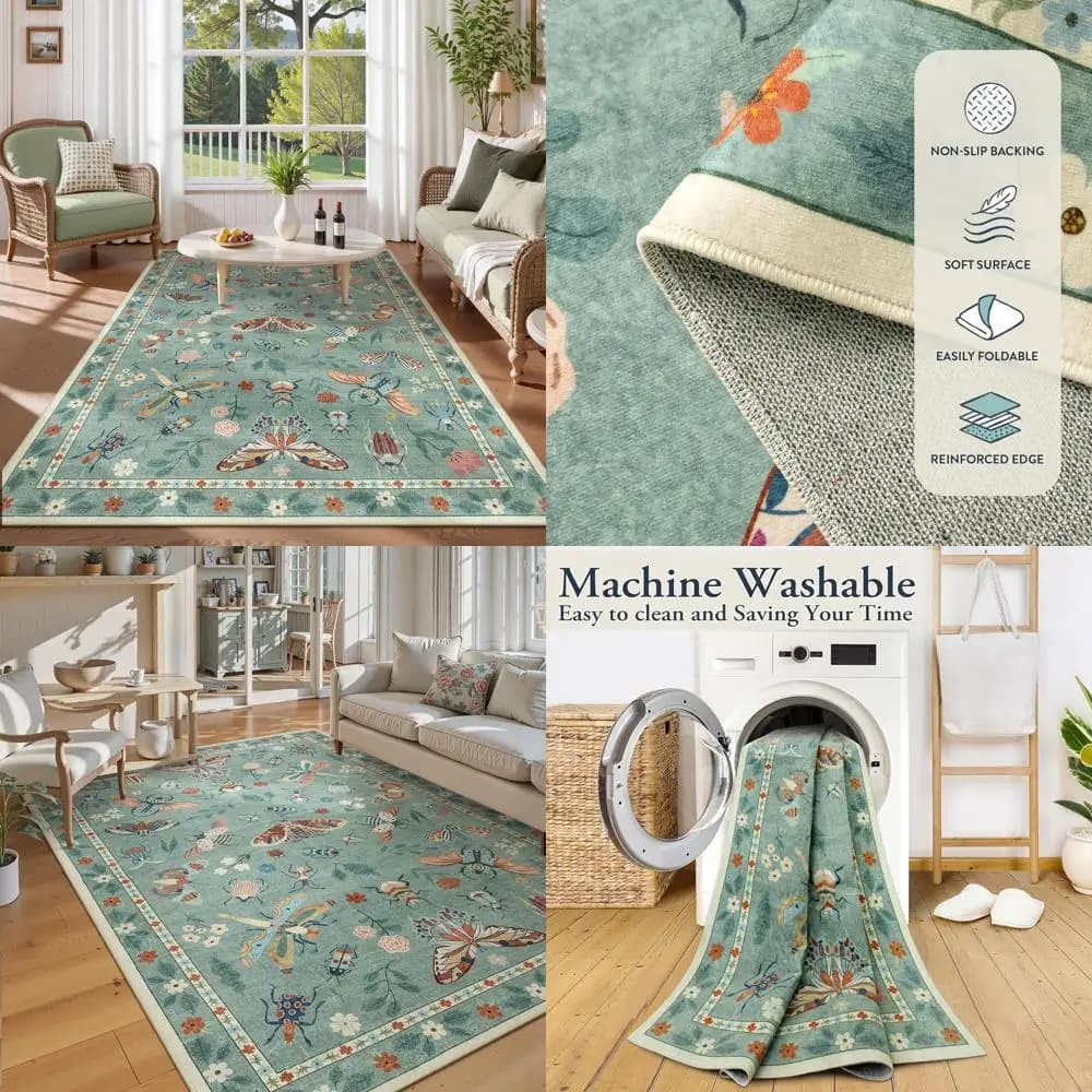 5x7 theme green washable carpet, soft and thin for living spaces, modern anti-slip carpet for dining room, children's rooms