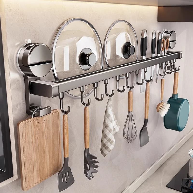 Gancio per rack di stoccaggio multifunzionale da cucina a ventosa, asta per appendere a parete senza trapano per spatole, cucchiai, portacoltelli, portaoggetti