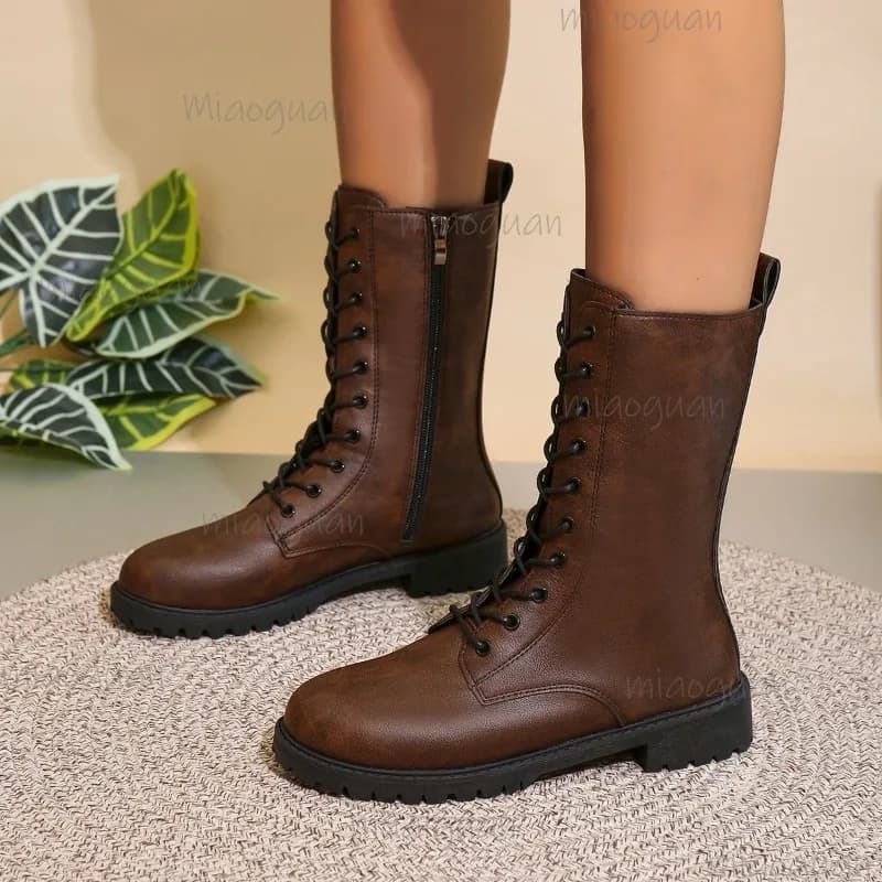 Women's mid-brown boots with PU leather laces Spring Autumn Short Western Boots with Anti-slip Side Hinge Women's Shoes