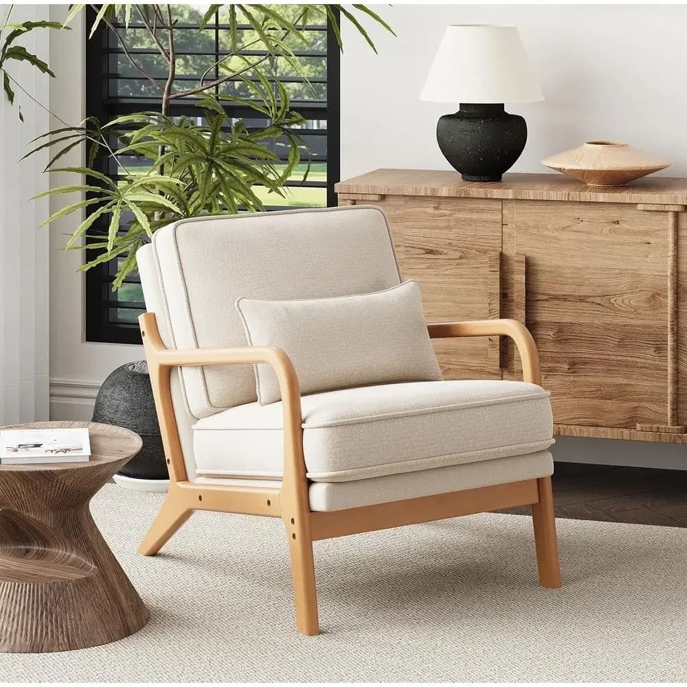 Poltrona Century Accent con struttura in legno massello, poltrona relax per lettura con cuscino lombare e cuscino sottosedia, sedia per il tempo libero o per soggiorno, camera da letto