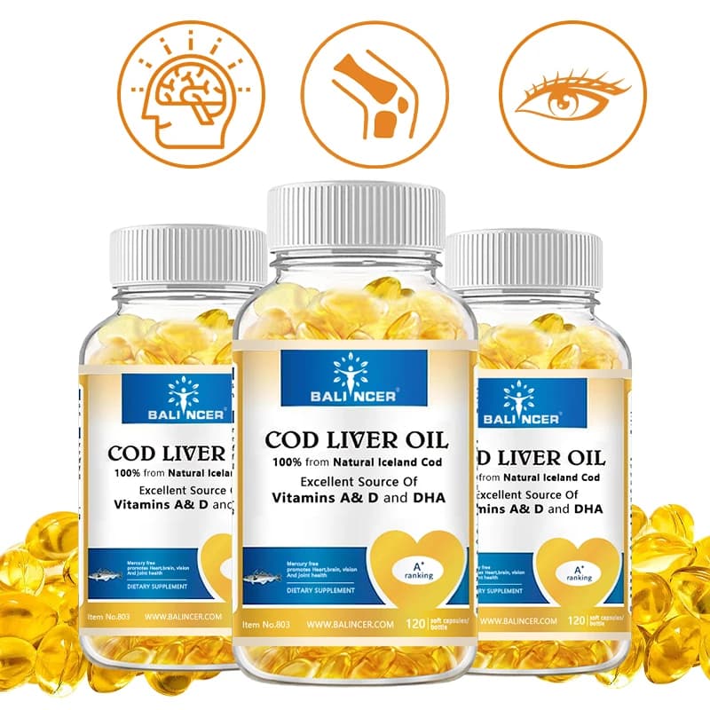 Capsule di olio di fegato di merluzzo, ricche di vitamina A, D e DHA, aiutano a mantenere la pelle sana, cervello e ossa forti e migliorare la memoria
