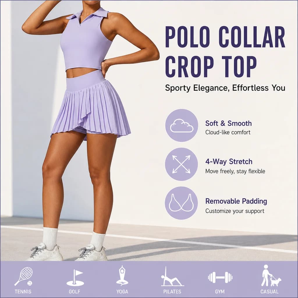 Women's Sleeveless Polo Collar Crop Top - Removable Padded Tennis Golf Yoga Tank Vest, Multiple Colors, S-XL