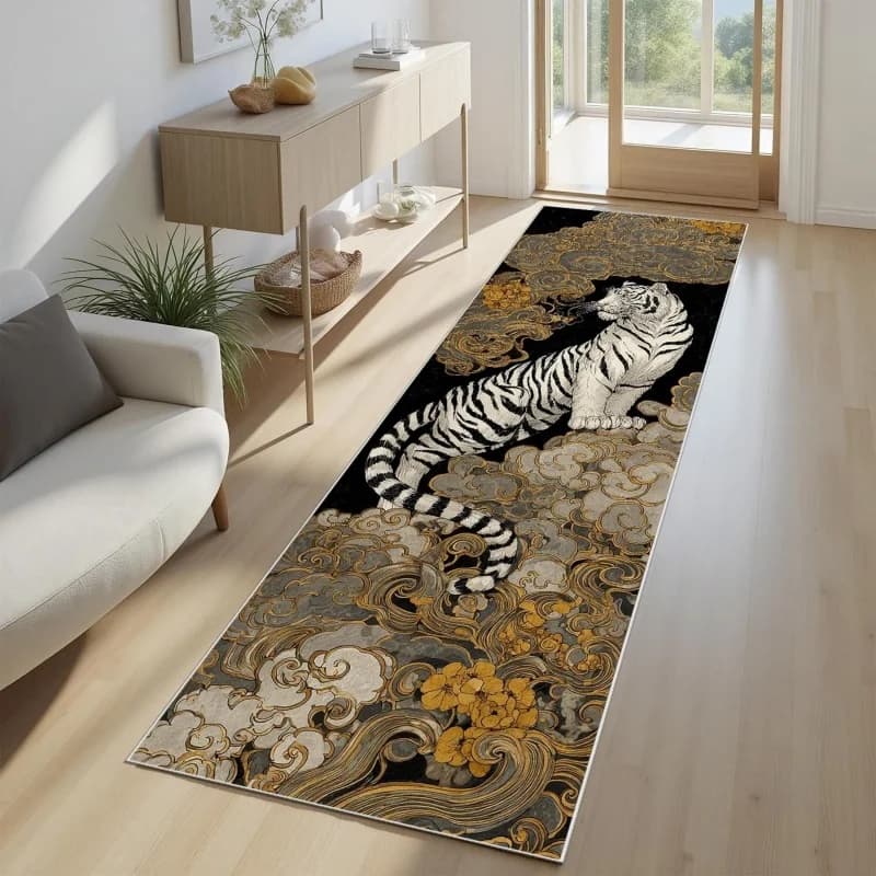 Oriental White Tiger Runner Rug Traditional Asian Cloud and Flower Pattern Non Slip Mat Boho Home Decor Carpet for Hallway