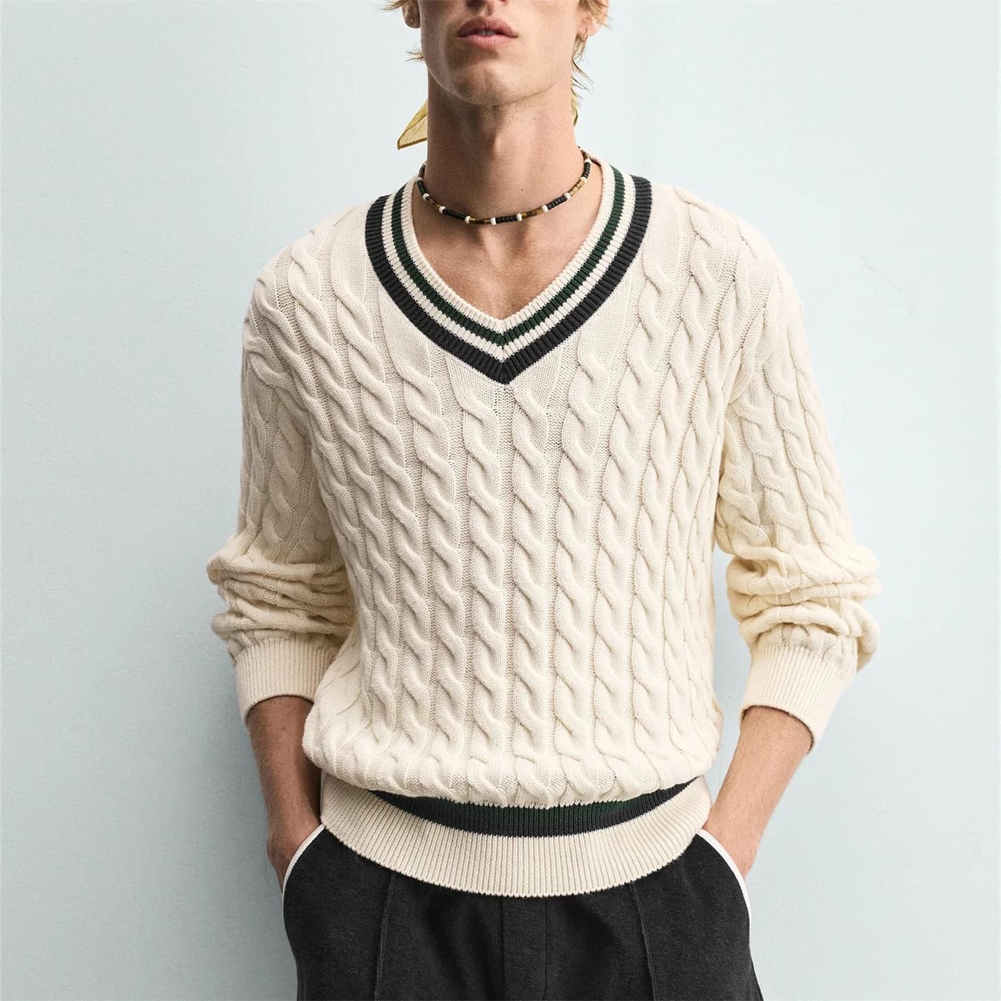 Loose Knitted Cotton Blend V-Neck Casual Fashionable Spring Autumn Men's T-Shirt Comfortable Breathable Easy to Wear