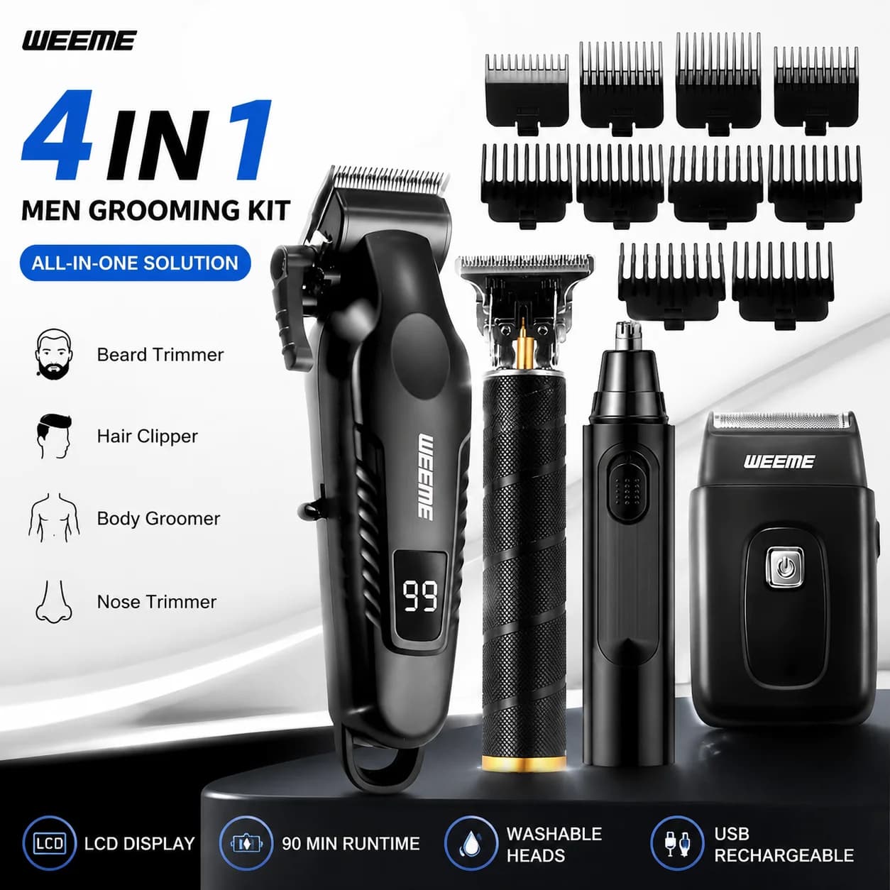 WEEME 4 in 1 Men's Toiletry Kit Rechargeable USB LCD Display Haircut Trimmer Trimmer for Beard Trimmer for nose Satin with T-blade Gift for Dad