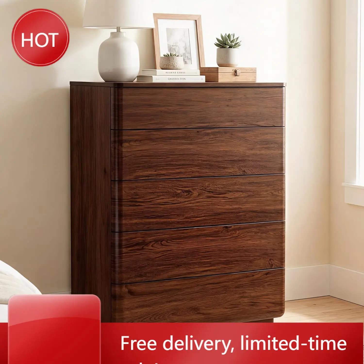 Cassettiera Moderna in Legno di Noce Scuro con Cinque Cassetti, Mobile Alto per Camera da Letto, Soggiorno, Corridoio, Maniglia Nascosta, Profilo Curvo