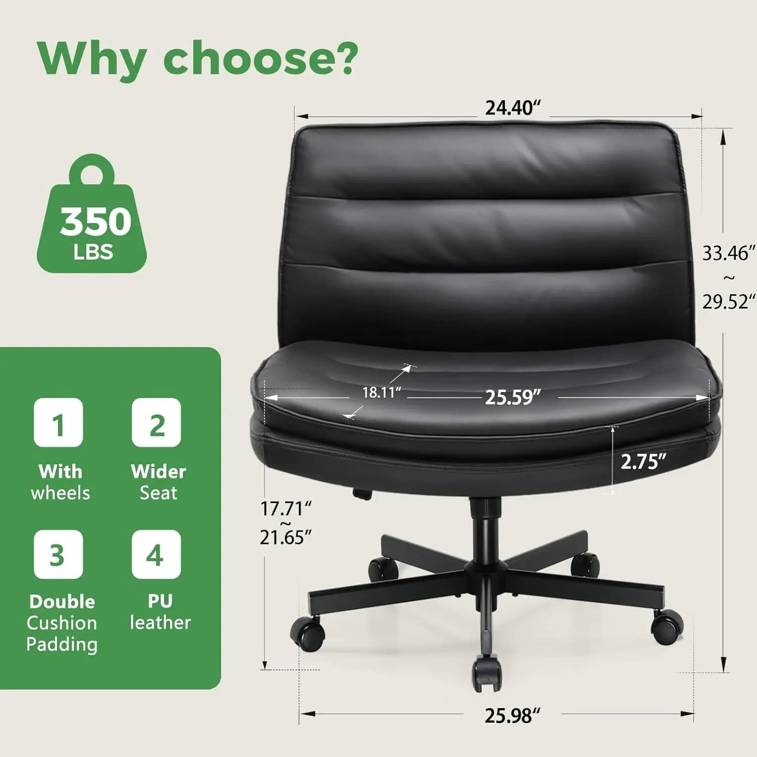 Cross chair with wheels, comfortable extra wide desk chair without armrests for home office bedroom, large seat with 2 layers pillow