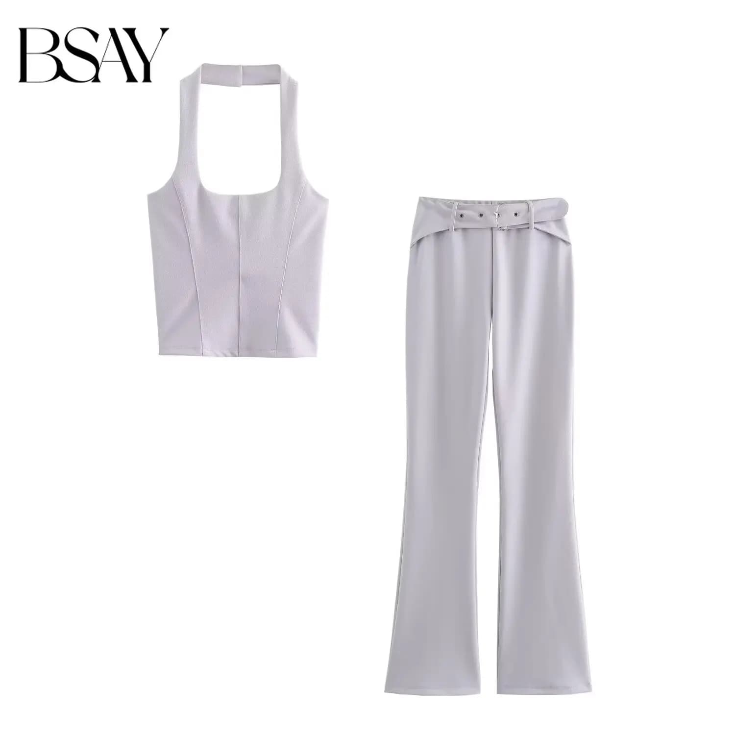 BSAY Summer Women's Elegant Halter Sleeveless Tank Top Flare Pants Matching Set Casual Solid Color Two‑Piece Outfit With Belt