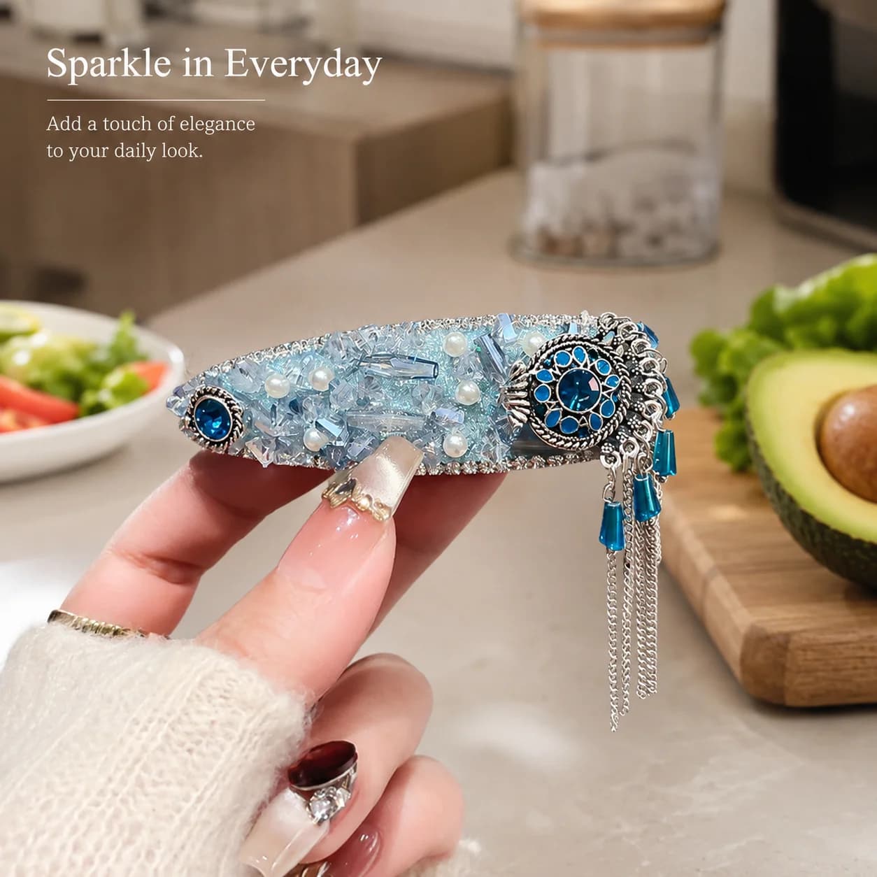 1 fermaglio per capelli laterale in cristallo blu con frange di perle e nappa pendente, accessorio per capelli stile boho