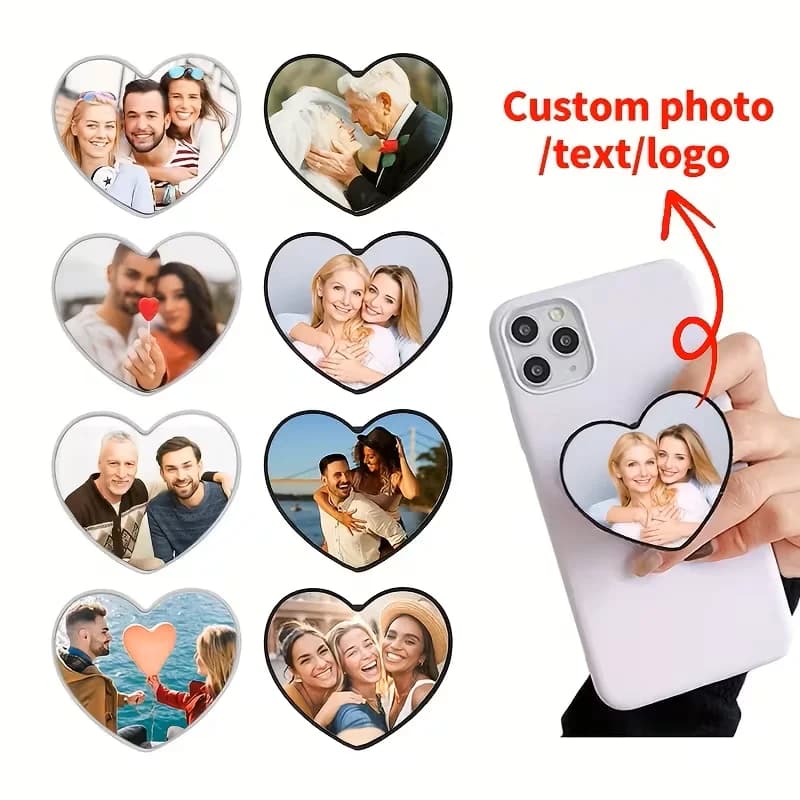 Supporto per telefono personalizzato a forma di cuore | Personalizzabile con foto, testo o logo - Impugnatura adesiva regolabile per telefono
