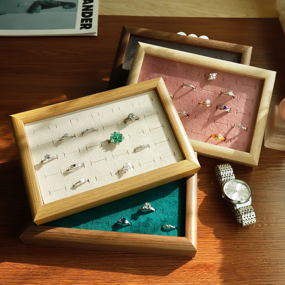 Jewelry Trays Velvet Ring Display Tray with 30 slots Organizer for storage rack for large capacity rings, button earrings