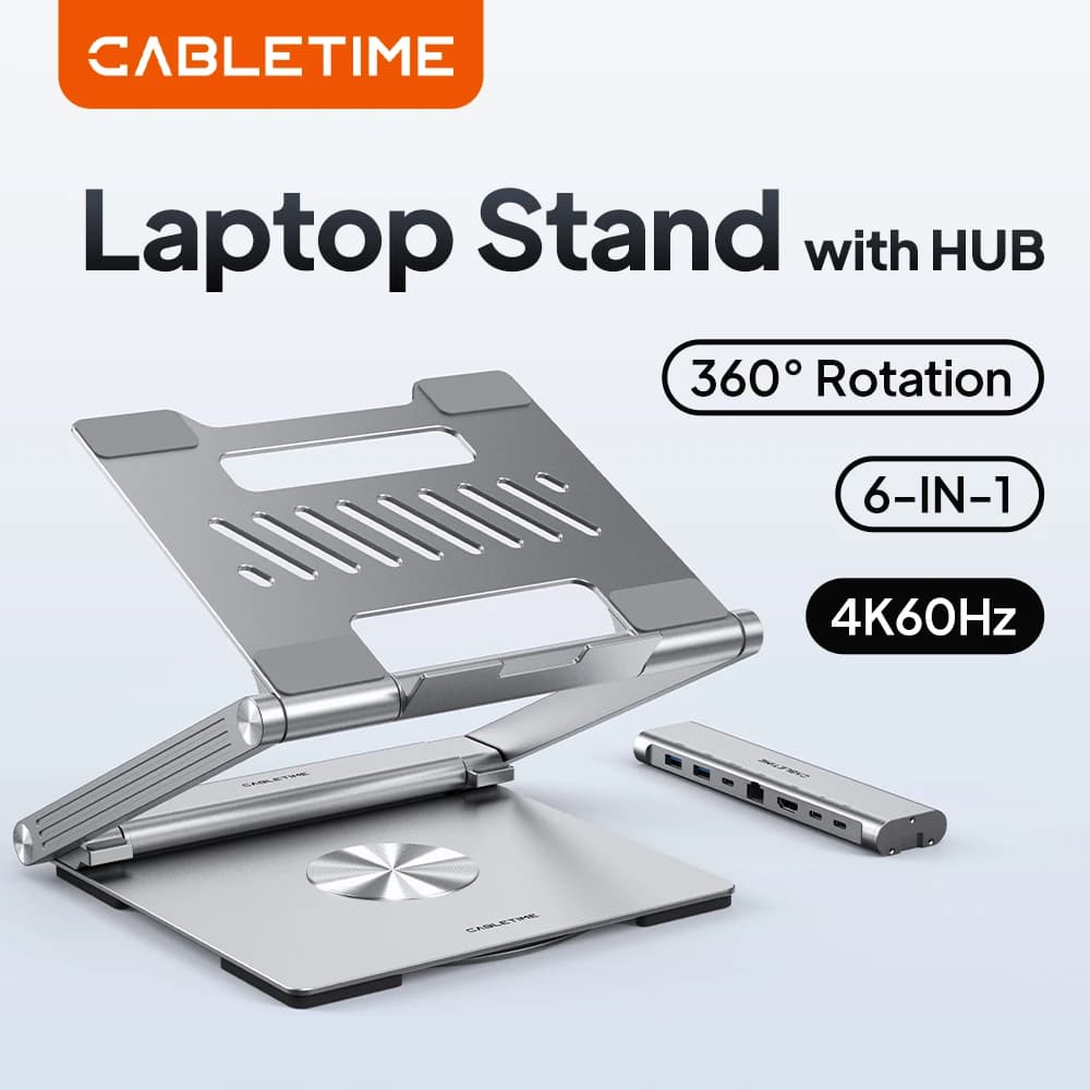 CABLETIME 360 ° Supporto Girevole per Laptop con Hub USB C, RJ45, PD 100W, Porta HDMI 4K60Hz, Compatibile con MacBook Air Dell, Hub 6 in 1