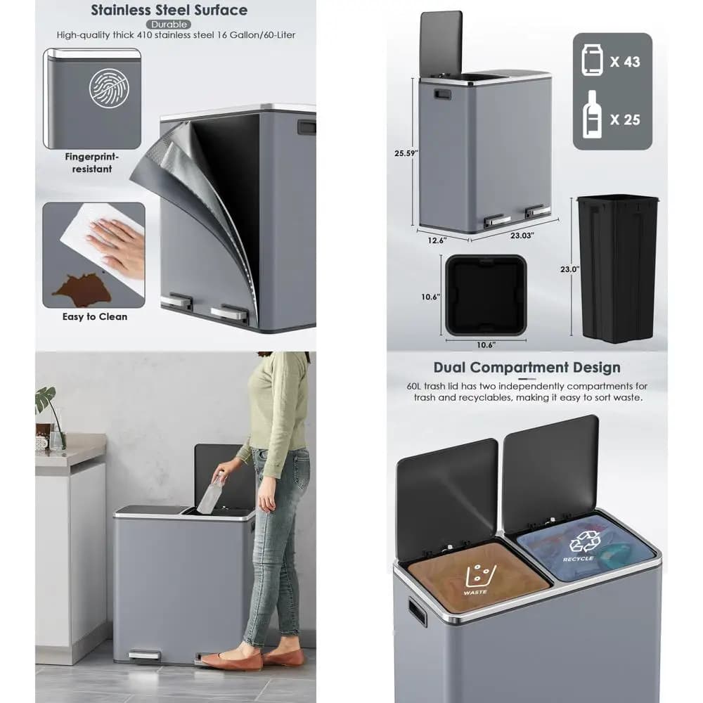 Cestino per Rifiuti in Acciaio Inox da 60L con Scomparti Separati, Secchielli Interni in Plastica, Coperchio a Chiusura Morbida, Ermetico, Grigio