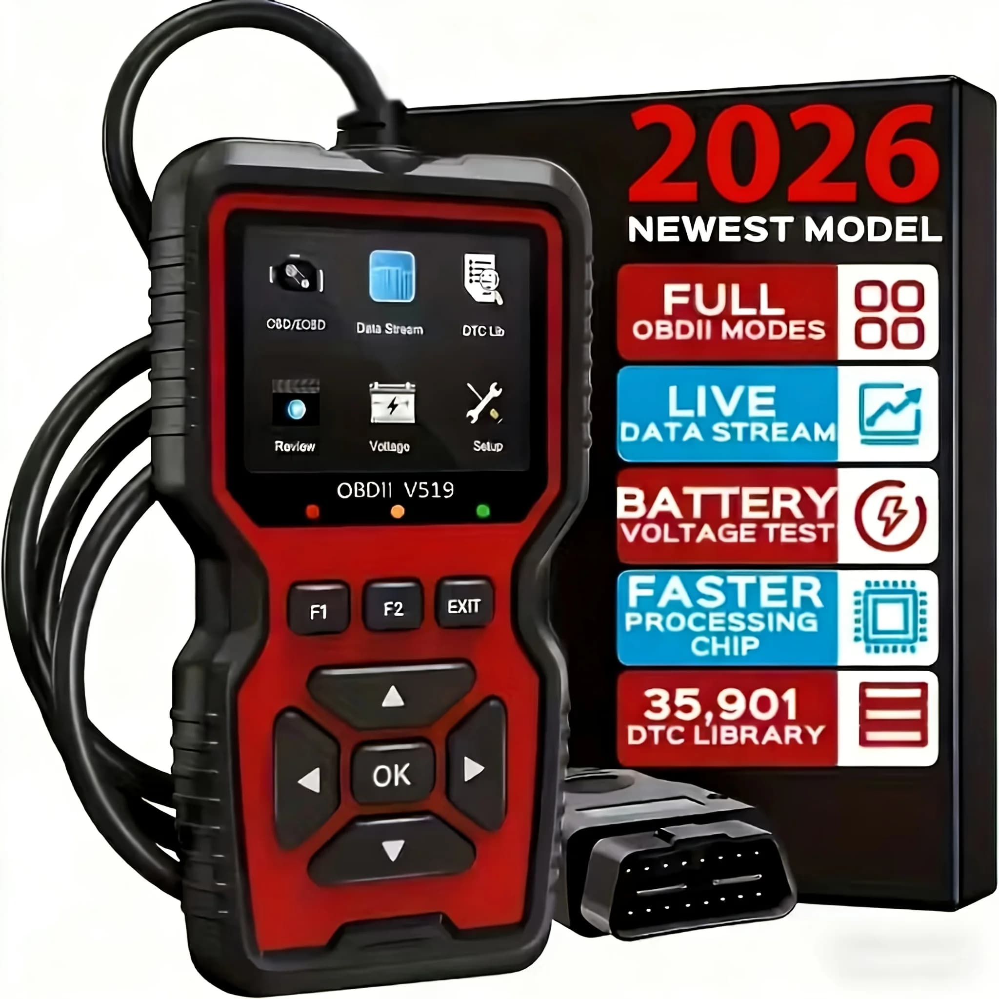 OBD2 V519 Scanner - Portable Diagnostic Tester for Vehicles with Real Time Data and Battery Test