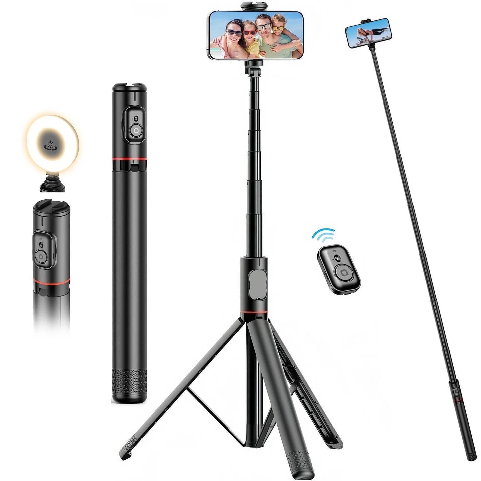 Treppiede per selfie con telecomando per iPhone, treppiede estensibile da 72 pollici con attacco cold shoe per video live e vlog