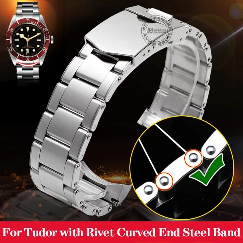 20mm 22mm solido Fine curvo catena dell'orologio in acciaio per Tudor Biwan con rivetto Willow Nail Watchband Strap uomo donna argento oro