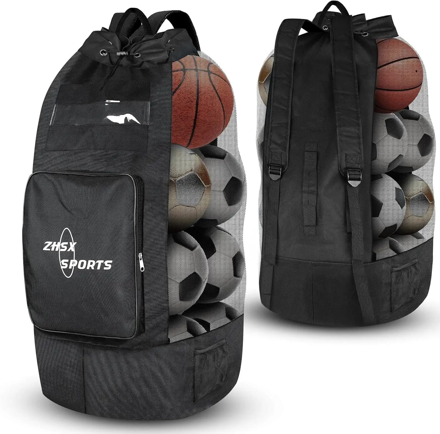 Large Sports Bag on the Net with Coulisse, Extra Shoulder and Pocket for Basketball, Volleyball, Football
