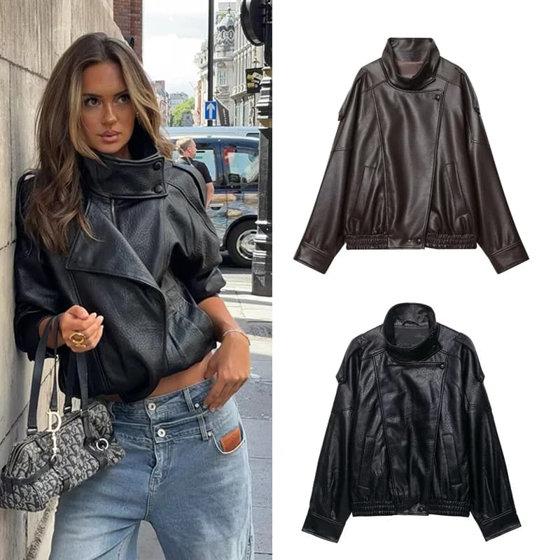 HH Autumn Women's eco-leather Jacket Casual Solid Long Sleeve Zipper Leather Coats Pu New Fashion Women's Streetwear