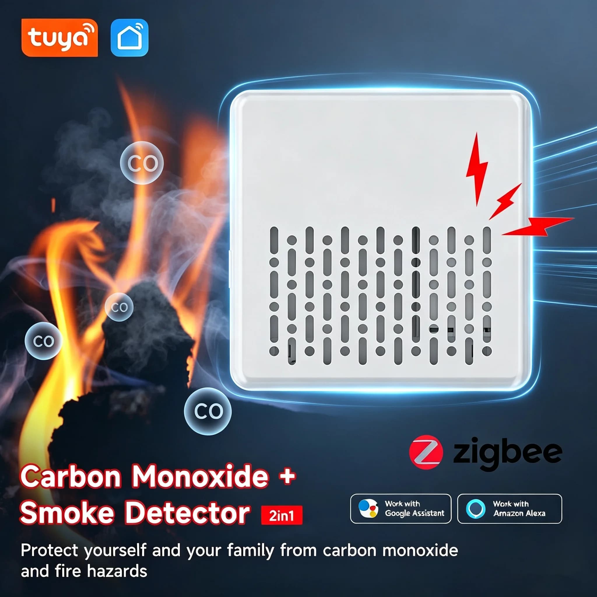 Tuya 2in1 Zigbee Smoke Carbon Monoxide Detector Smart Fire CO Alarm Phone Notification Compatible Smart Life Alexa Google