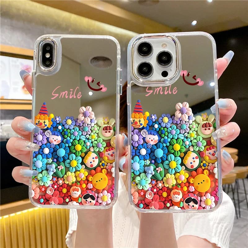 Custodia per telefono con specchio per trucco floreale carino per iPhone 16 Pro Max 15 Plus 14 13 12 11 Cover posteriore estetica Dipinti Cover morbida Funda