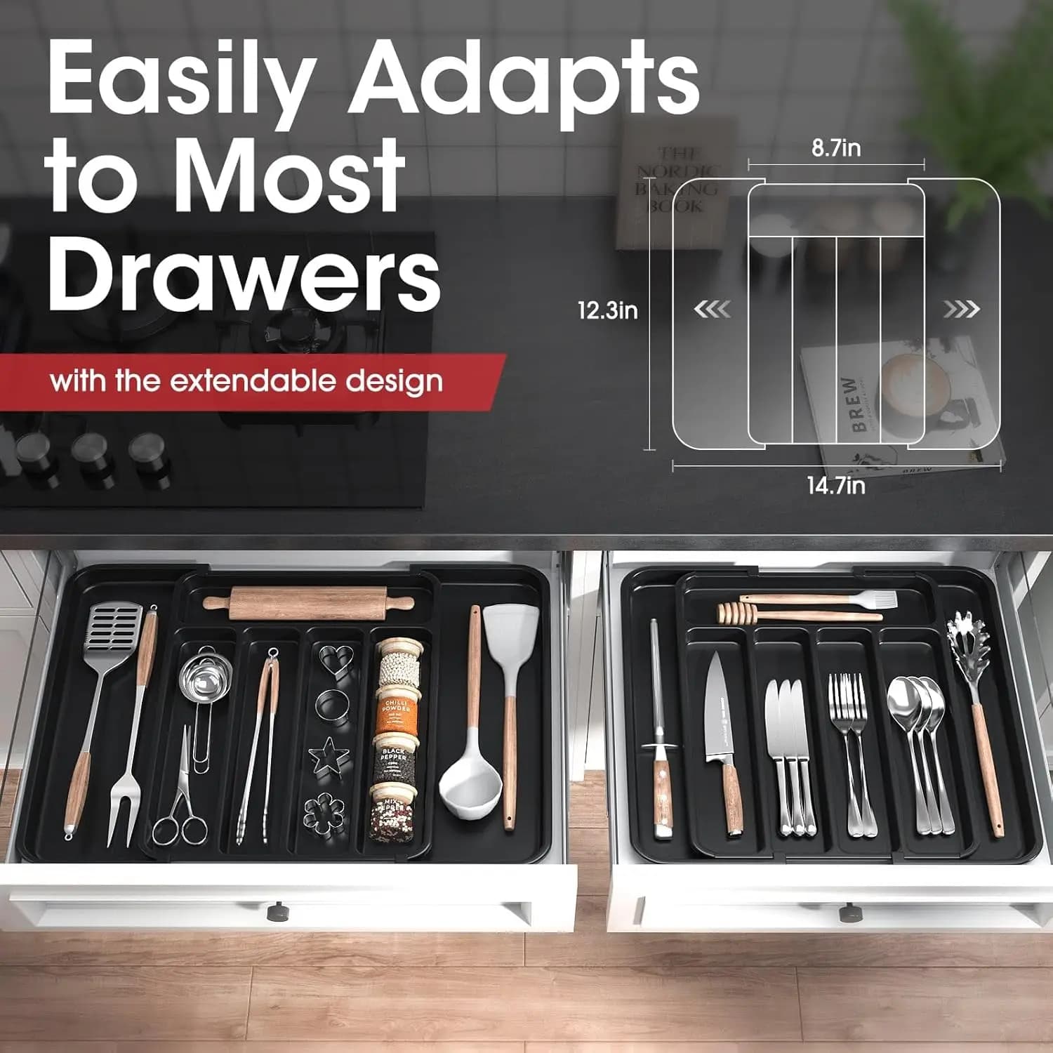 Organizer for drawers for cutlery, expandable tray for kitchen utensils, adjustable cutlery and holder for spoons, forks, knives