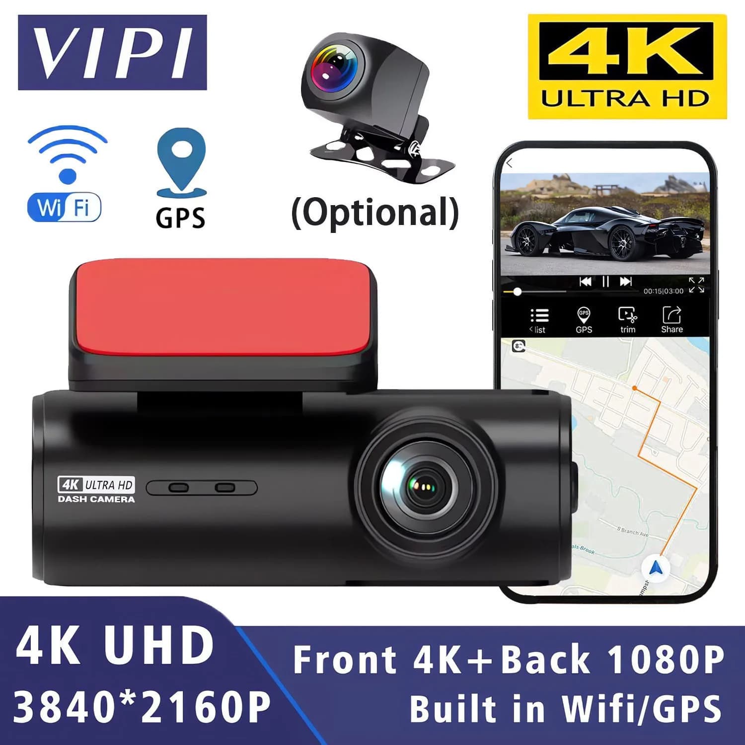 4K Dash Cam WIFI GPS Car DVR 1080P Rear Camera Video Drive Recorder Dashcam Registrar Mini Black Box 24H Monitoring Night Vision