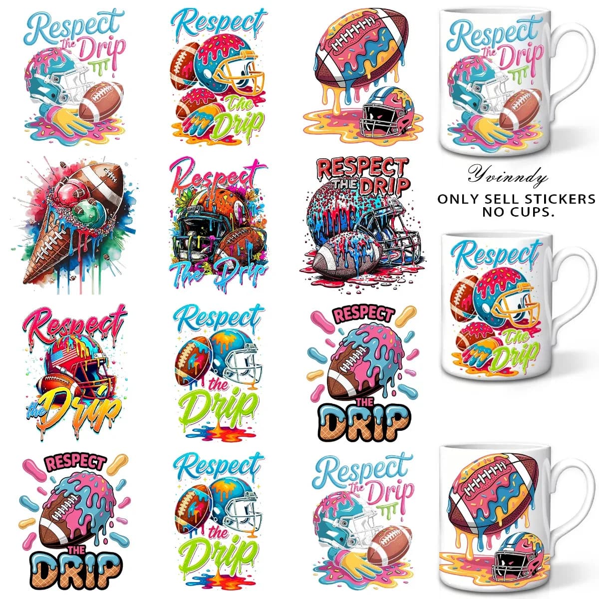 Set of 12 DTF UV Transferable Stickers for Ice Cream and Football for Decoration Cups (Only the Including Transferable Adhesive)