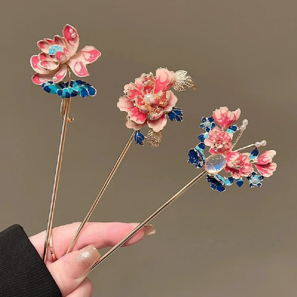 Forcina per capelli vintage con peonia e perle Fermaglio per capelli in stile antico cinese Bastone per capelli con farfalla blu Copricapo di loto rosa Accessorio per capelli elegante