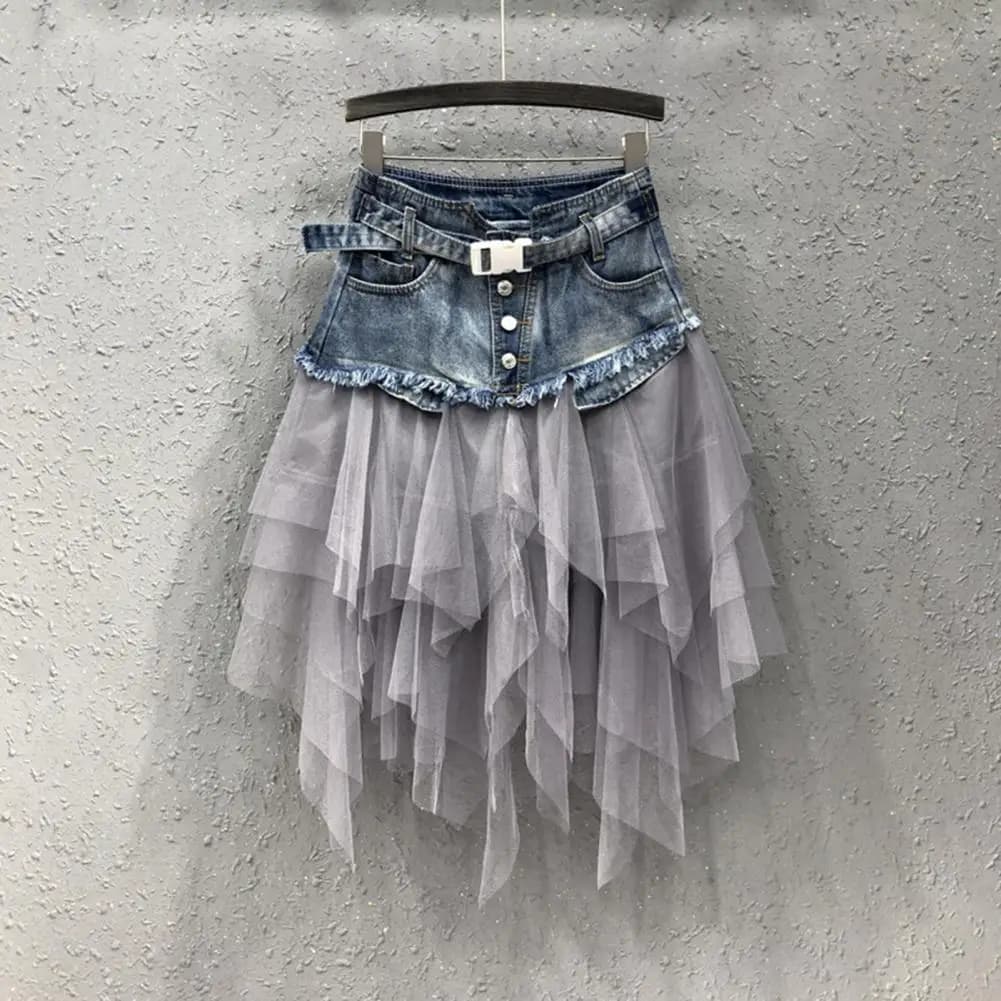Women A-line Skirt Stylish High Waist Denim Mesh Yarn A-line Skirt for Women Irregular Hem Versatile Work Leisure Wear Wardrobe
