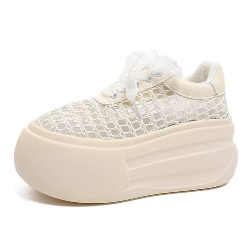 New 2026 Summer Women Shoes Fashion Hollow Breathable Chunky Sneakers Platform Skateboard Casual Shoes 7CM White Shoes Woman