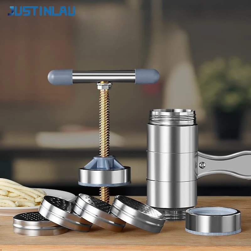 JUSTINLAU Manual Noodle Maker Stainless Steel Pasta Press Machine with 5 Pressing Moulds Hand Crank Spaghetti Making Tool