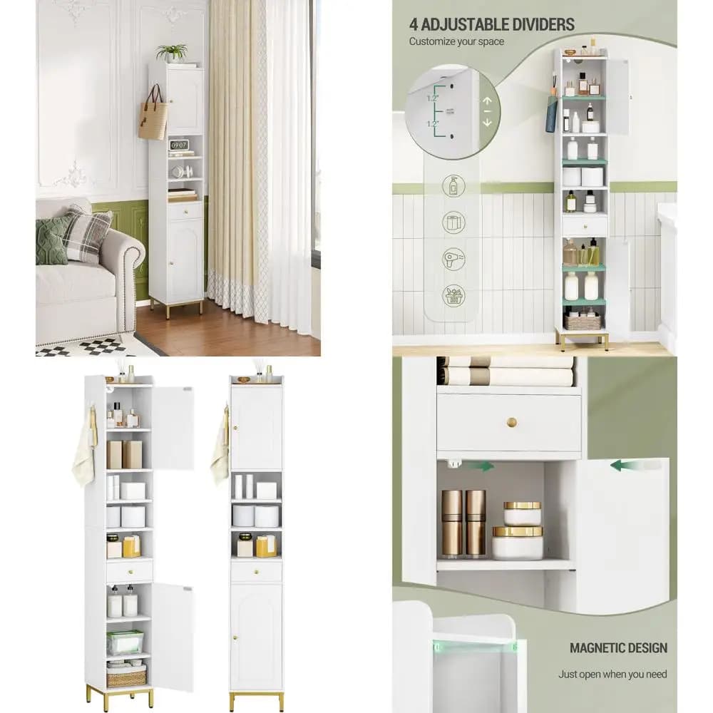 Mobiletto Alto da Bagno con Ripiani Regolabili e Anta, con Cassetto, Porta Carta Igienica Sottile, Bianco