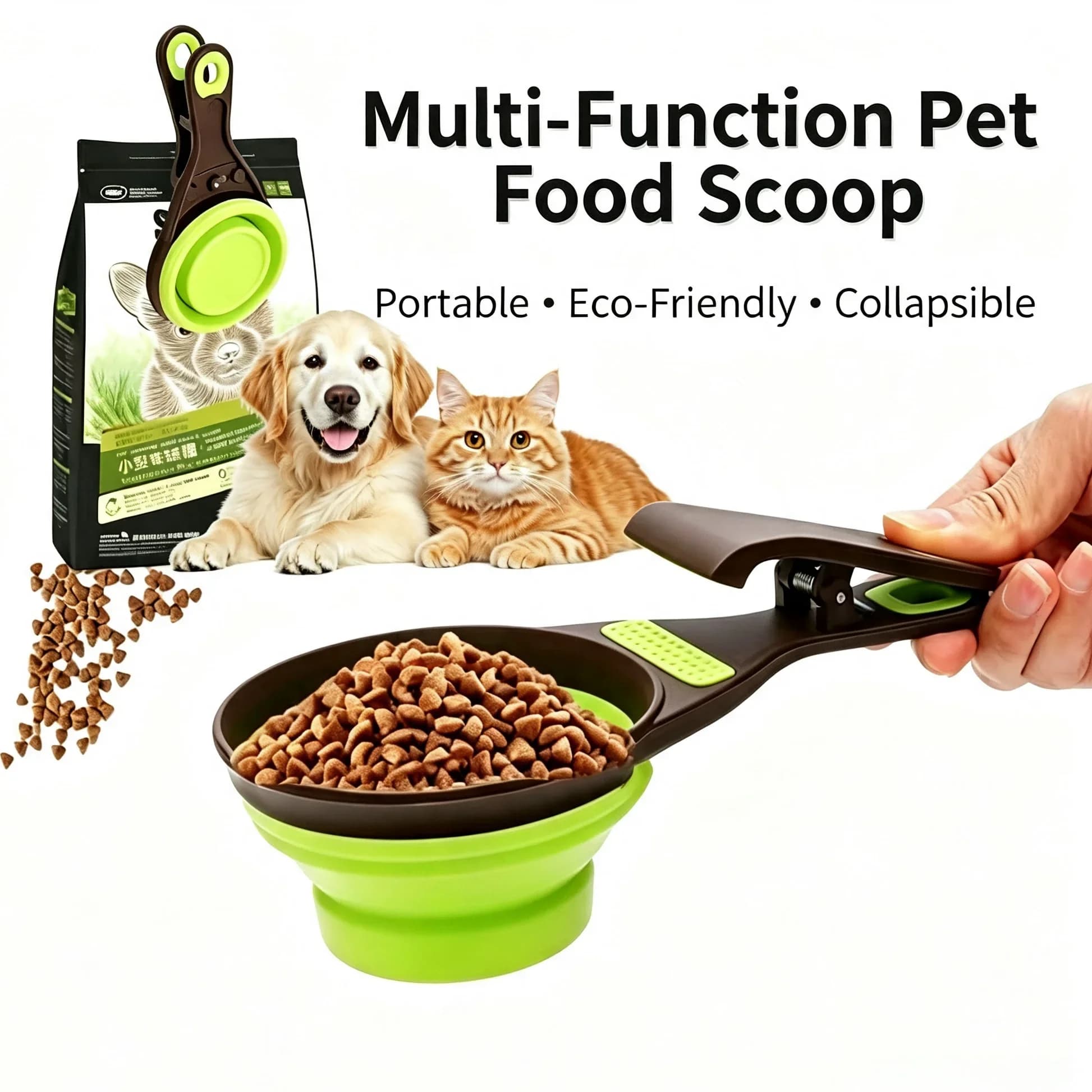 Foldable Silicone Pet Food Scoop with Clip – Collapsible Cup Bowl for Dogs Cats, Portable Feeding Spoon & Bag Sealer