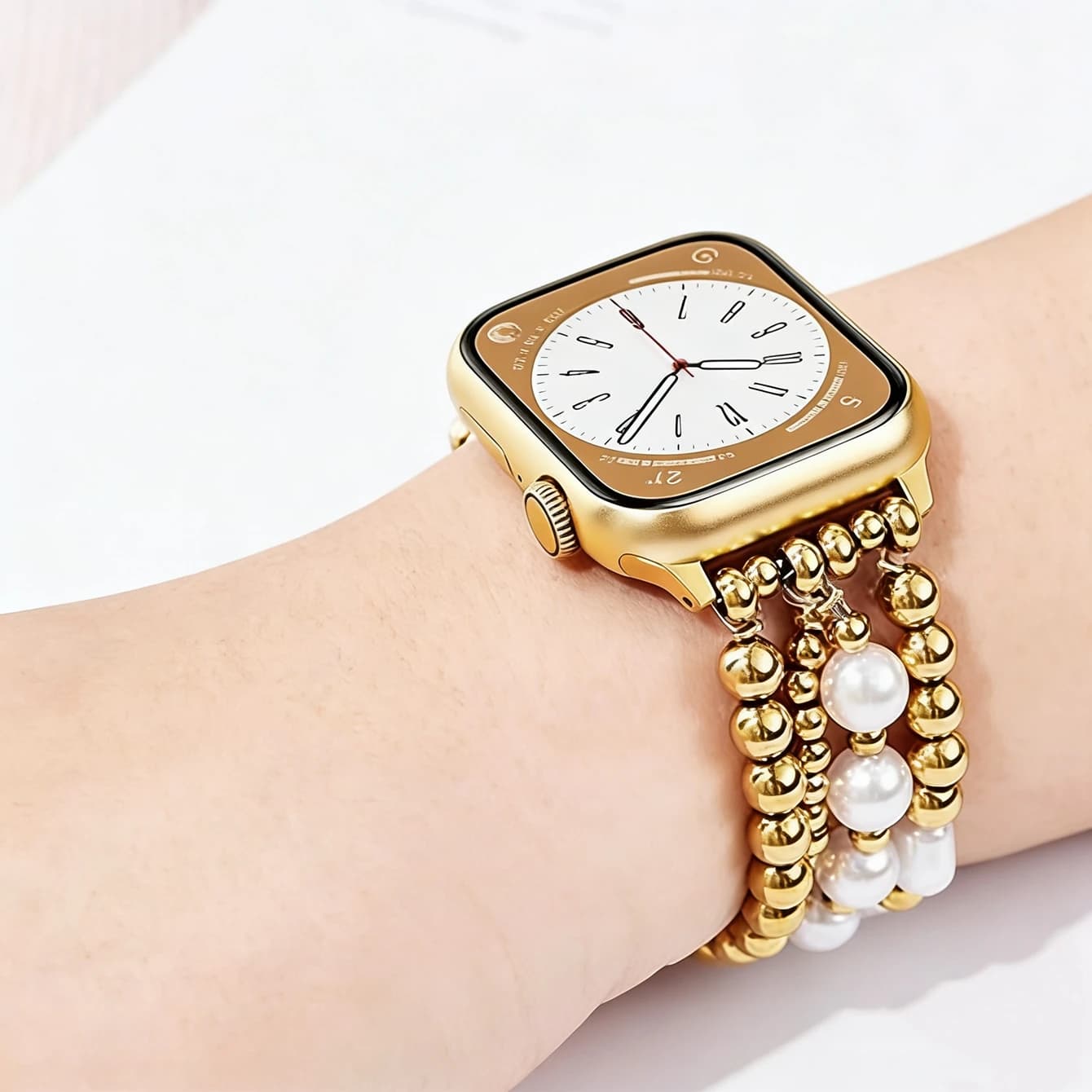 Eccellenti perle a maglia dorate per cinturino Apple Watch da donna Serie 11/10/9/8/7/6/5 38mm 40mm 41mm 42mm 44mm 45mm 46mm
