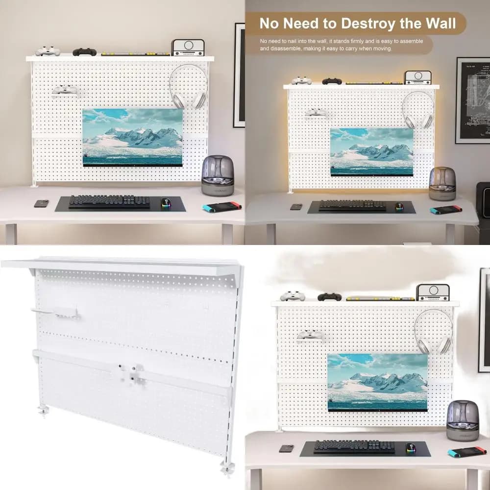 Desk Organizer with Single Monitor Support - Without Drilling, Metal Drilling Panel 43x35 Poles with Hooks and Adjustable Divider