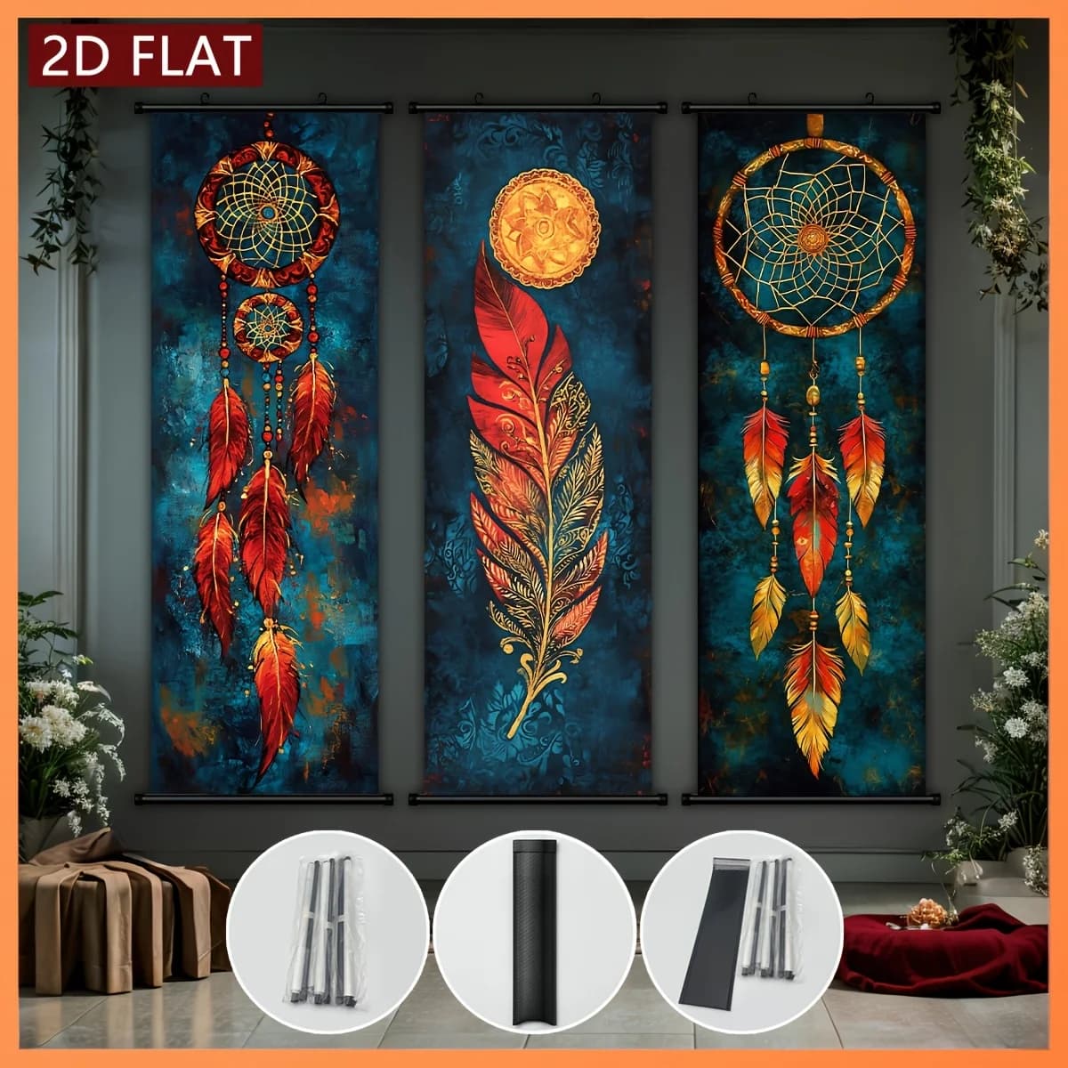 VIKAMA Bohemian Dreamcatcher Feather Retro Scroll Tapestry, HD Fade Resistant Wall Hanging Art for Boho Room Decor