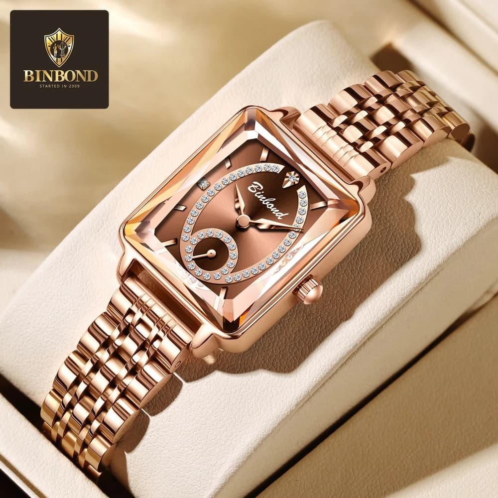 BINBOND 105 Orologio da donna di lusso di fascia alta Orologio da donna con cinturino in acciaio inossidabile impermeabile in oro rosa per donna Reloj Mujer