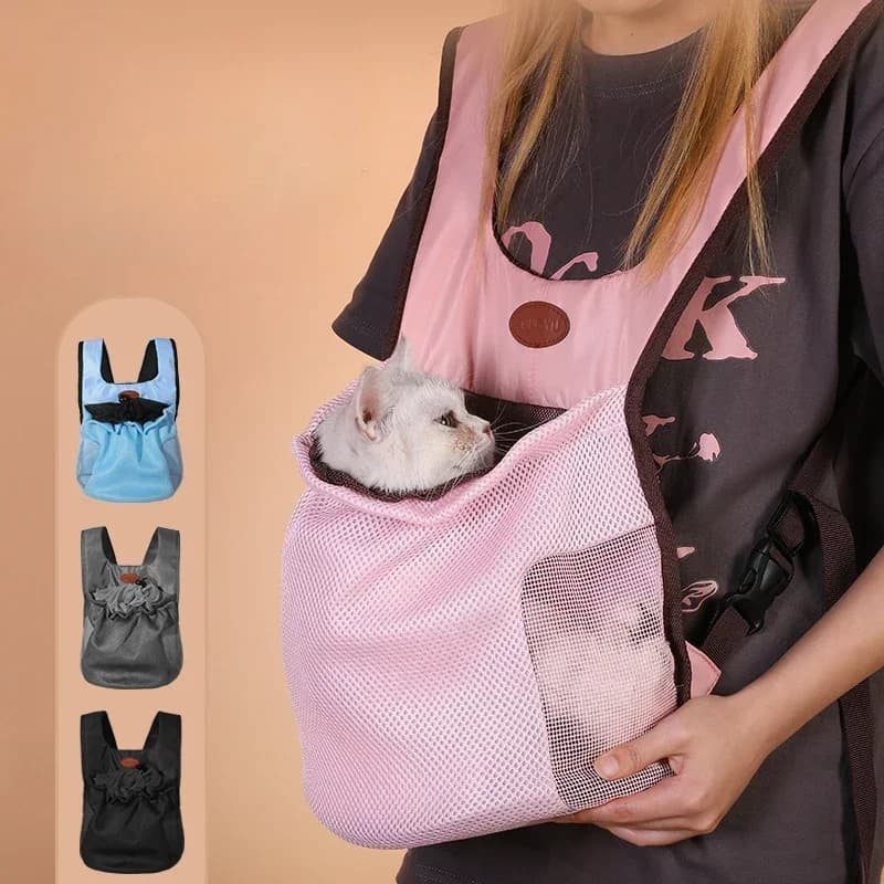 Borsa a tracolla portatile per petto per animali domestici Borsa da viaggio traspirante per cani e gatti con coulisse Zaino da trasporto transfrontaliero in rete grigio rosa