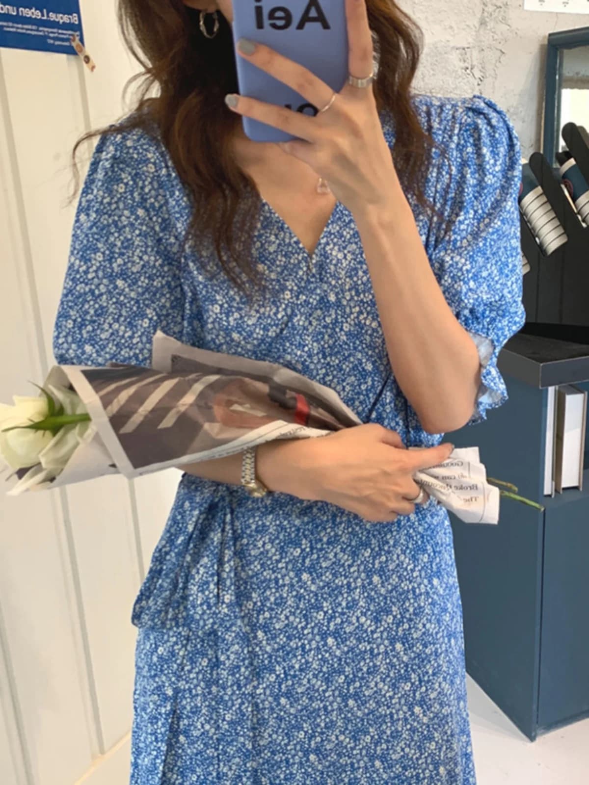 High Life Blue Floral Single Shoulder Dress with Cross V Neckline and Smooth Sleeves, Ideal for commuting