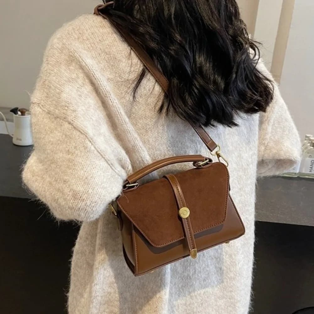 Golden-Tone Hardware Faux PU Crossbody Bag Square Suede Fabric Adjustable Strap Handbag Trendy Stylish Flap Closure Shoulder Bag