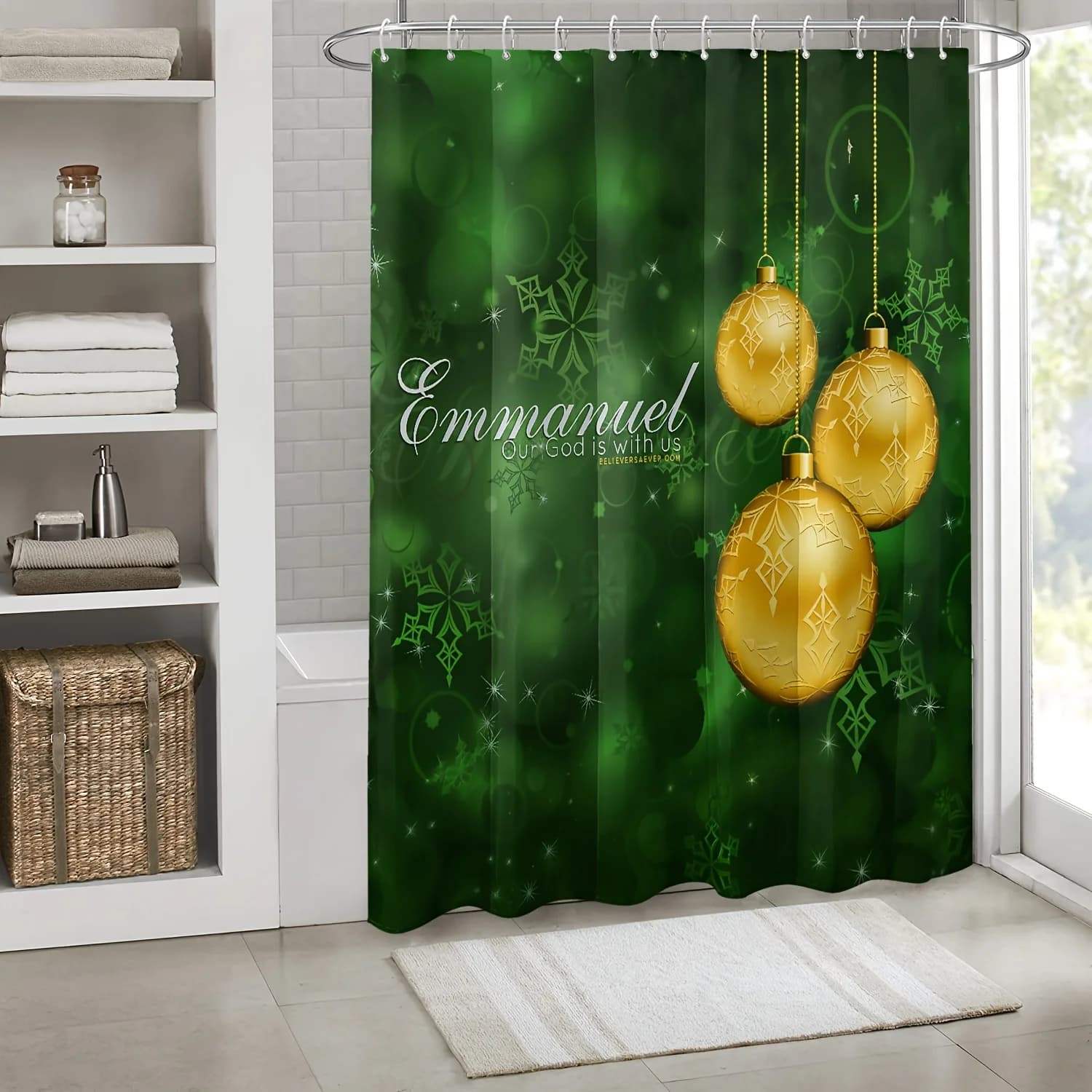 Set tenda da doccia natalizia con ganci, tenda da bagno in poliestere con fiocco di neve Emmanuel e design ornamentale, arredamento stagionale
