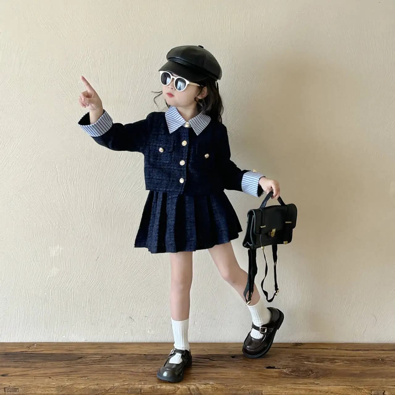 "Little Fragrant Style" Girls' Two-Piece Set: Korean Edition Autumn New Style Plaid Coat & Pleated Skirt Outfit