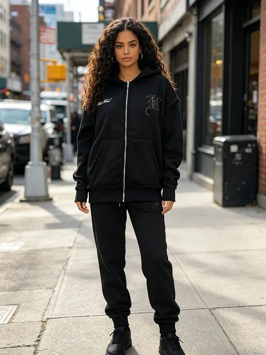 Hip Hop Raw Trim Zip Up Hooded Jacket Women Gothic Embroidery Rhinestone Script Print Back Long Sleeve Oversized Sweatshirt Coat