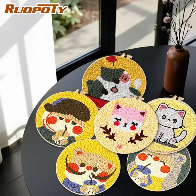 RUOPOTY Cat Punch Needle Kit Handmade Hand Embroidery Kit Animal Punch Needle Threader Threader, Yarns, Rug Punch Art Supplies