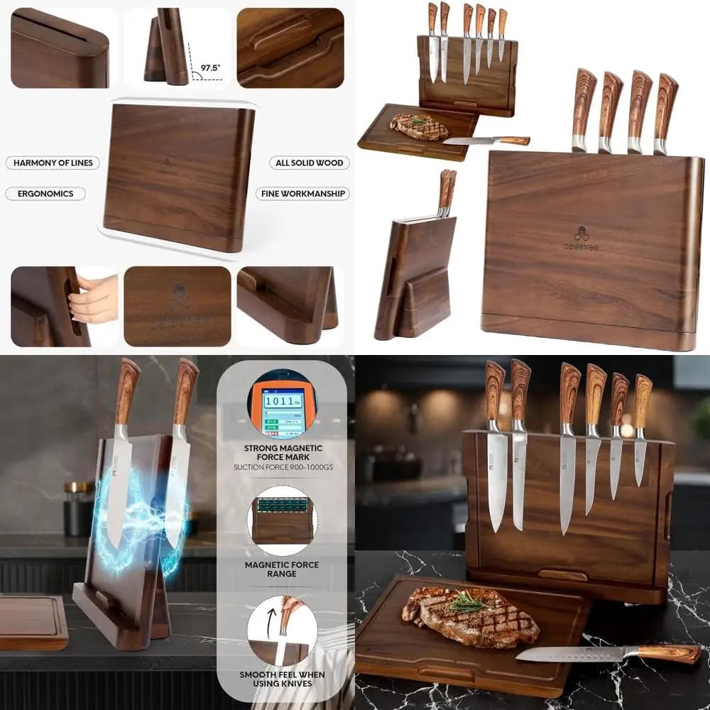 Tagliere in legno per riporre coltelli magnetici a doppio scopo - 16x11 pollici, legno di pioggia, con scanalature per succhi per chef