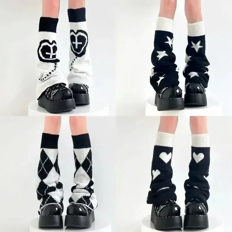 Y2K Punk Knitted Leg Warmers Star Gothic Cross Harajuku Women Heart Two Side Wear Loose Fit Leg Covers Sock JK Thigh High Lolita