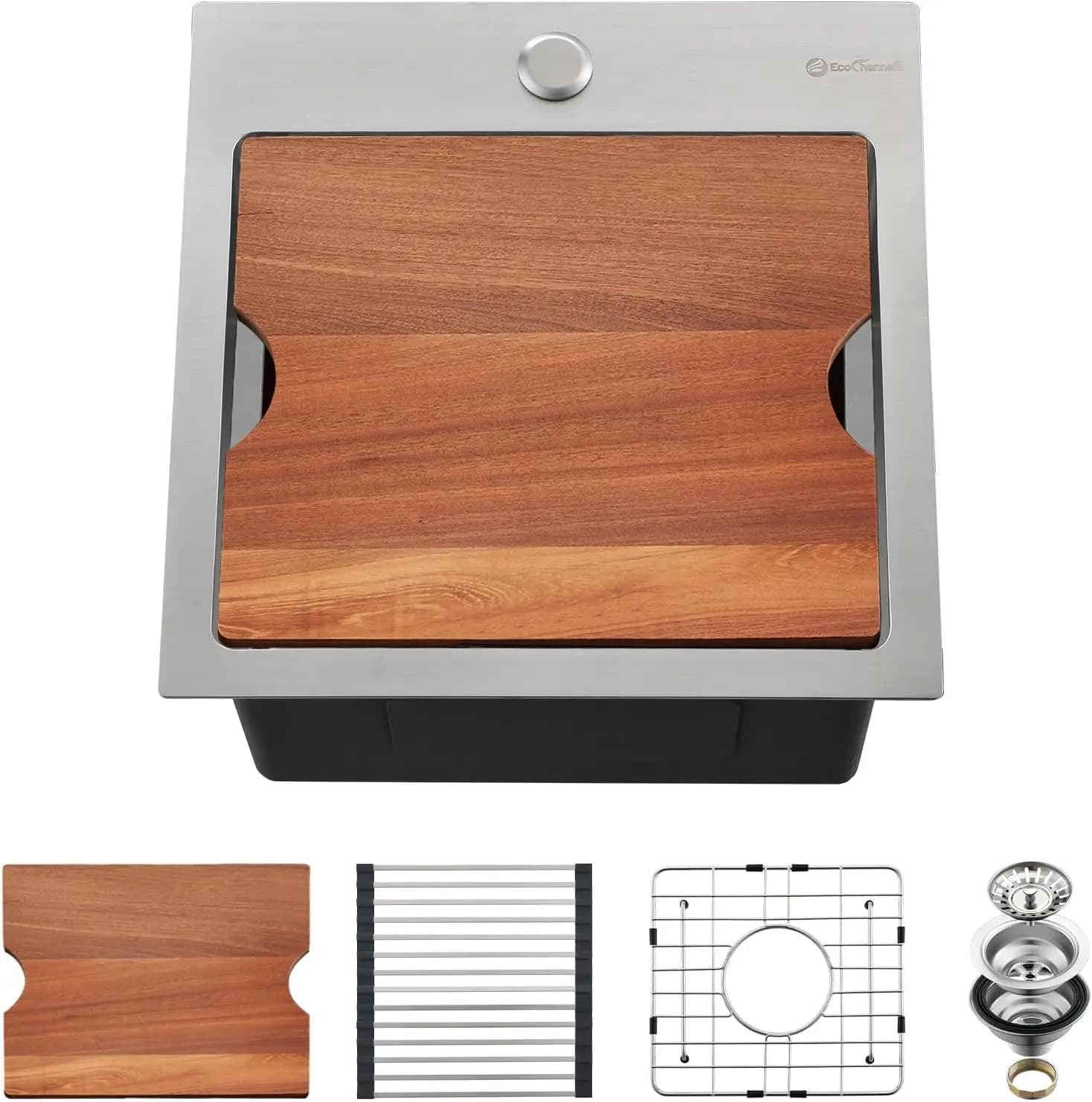 Kitchen sink, 15 x 15 x 10 inch, small kitchen sink for bar, 16-gauge stainless steel, single tank, with worktop and cutting board