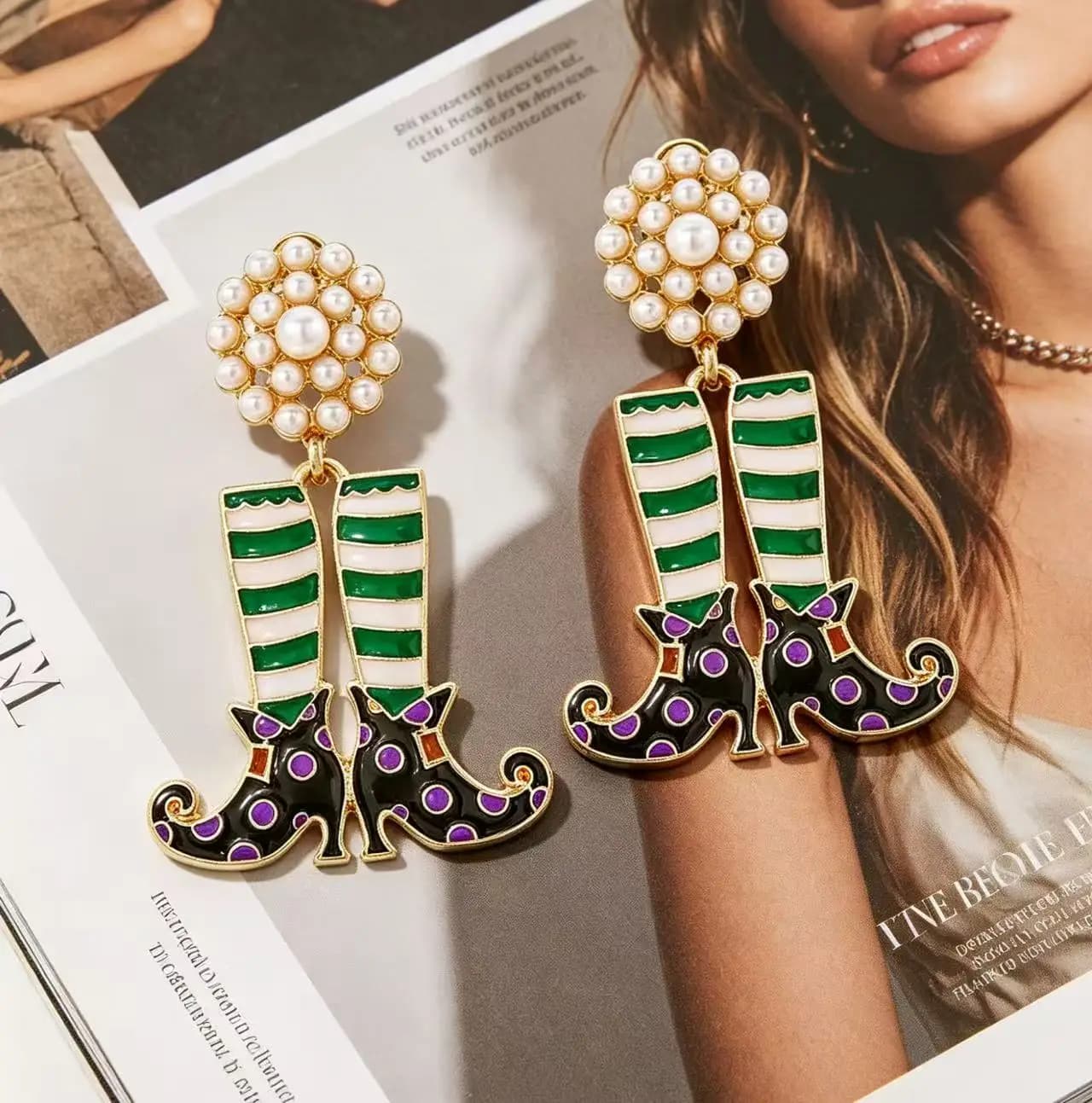 2025 Creative Halloween Funny Wizard Pearl Boots Earrings