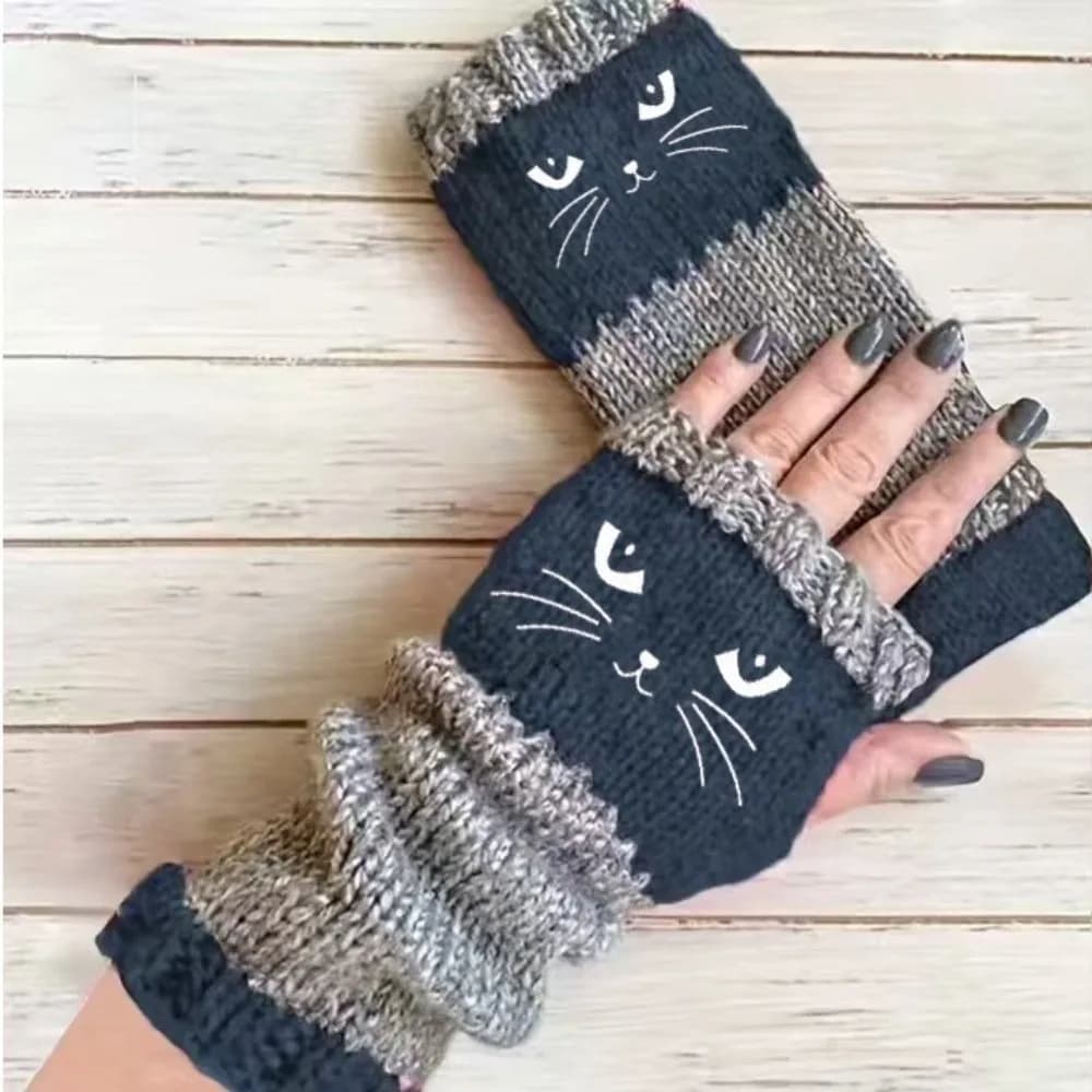 Fashion Thickened Knitted Fingerless Gloves Thick Soft Half Finger Gloves Windproof Color Block Cat Embroidery Gloves Daily